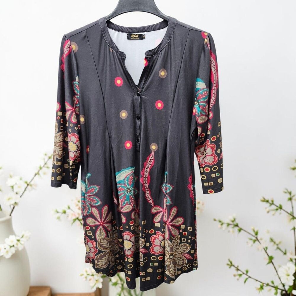 R & B Collection Tunic Mini Dress Womens XL Absract Floral Boho-Chic Hippie